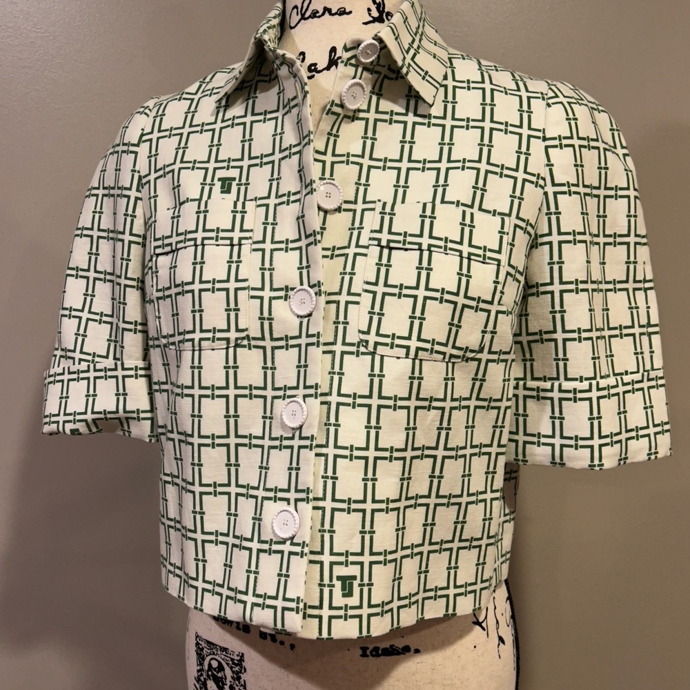 Tara Jarmon Christine Woven Chain Link Logo Pattern Collar Button Front Top - Picture 9 of 14